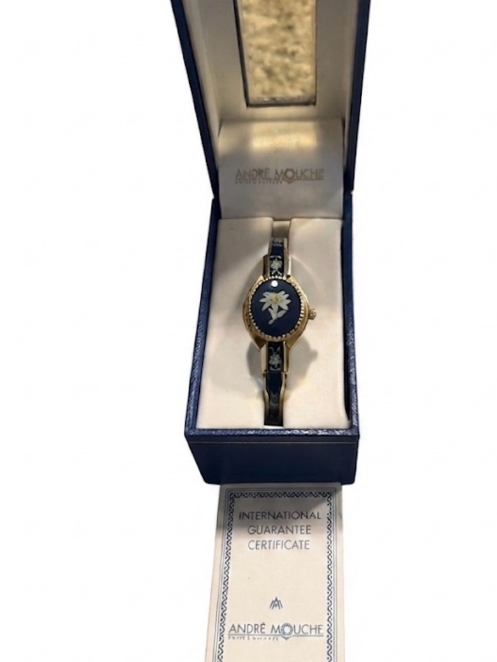 André Mouche Blue & Gold Floral Ladies Watch peekaboo watch